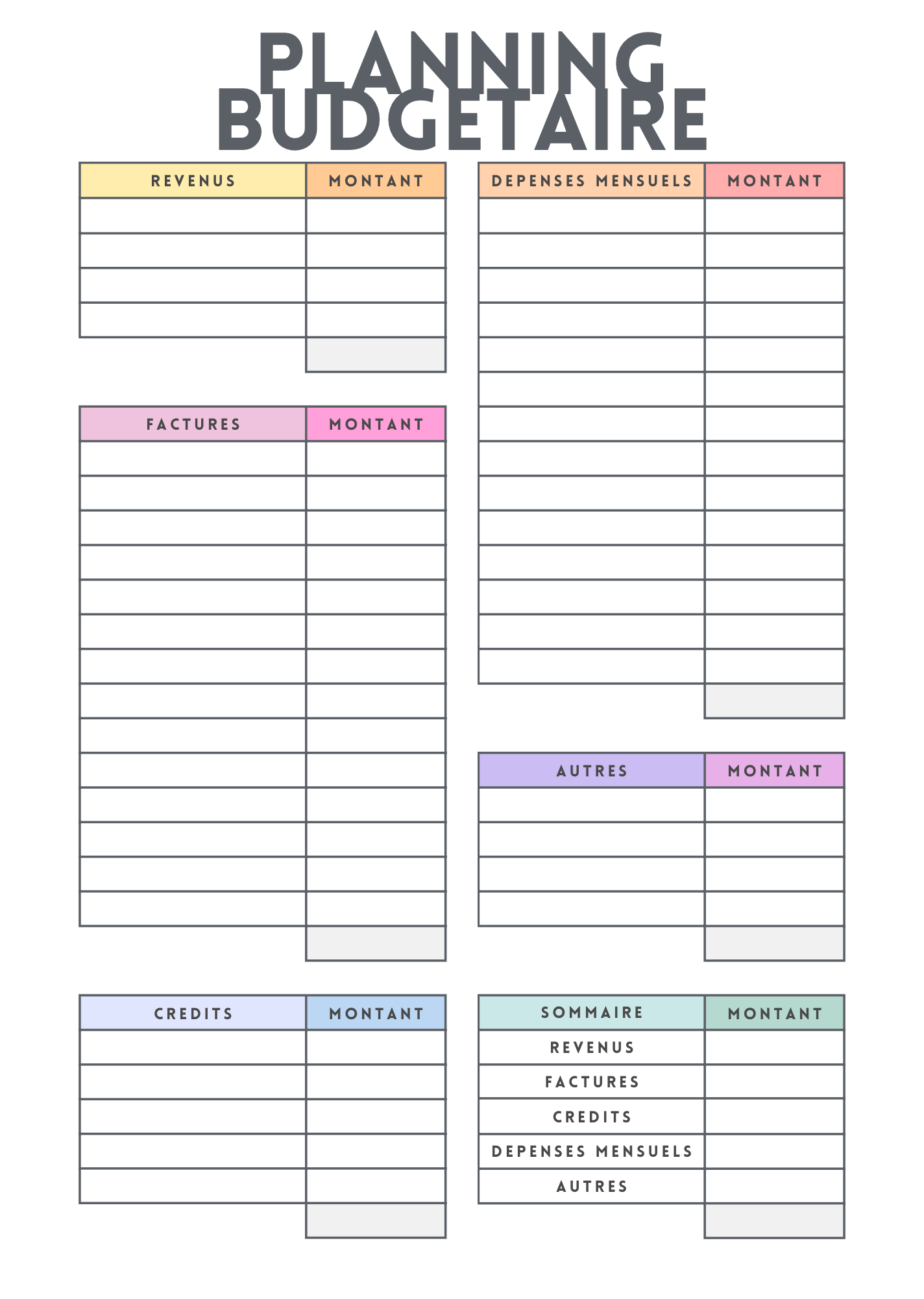 Lot de 6 feuilles budget