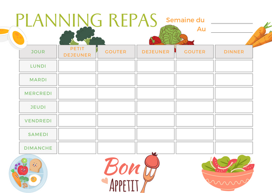 Planning repas semainier plastifié + marqueur tableau blanc